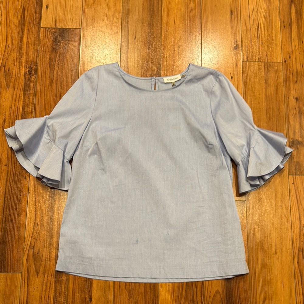 Calvin Klein Light Blue 3/4 Bell Sleeve Ruffled Blouse